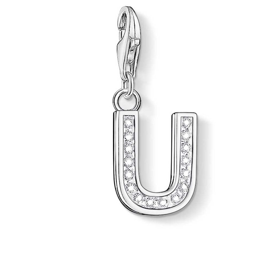 Letter U with CZ Crystals Charm (Silver)