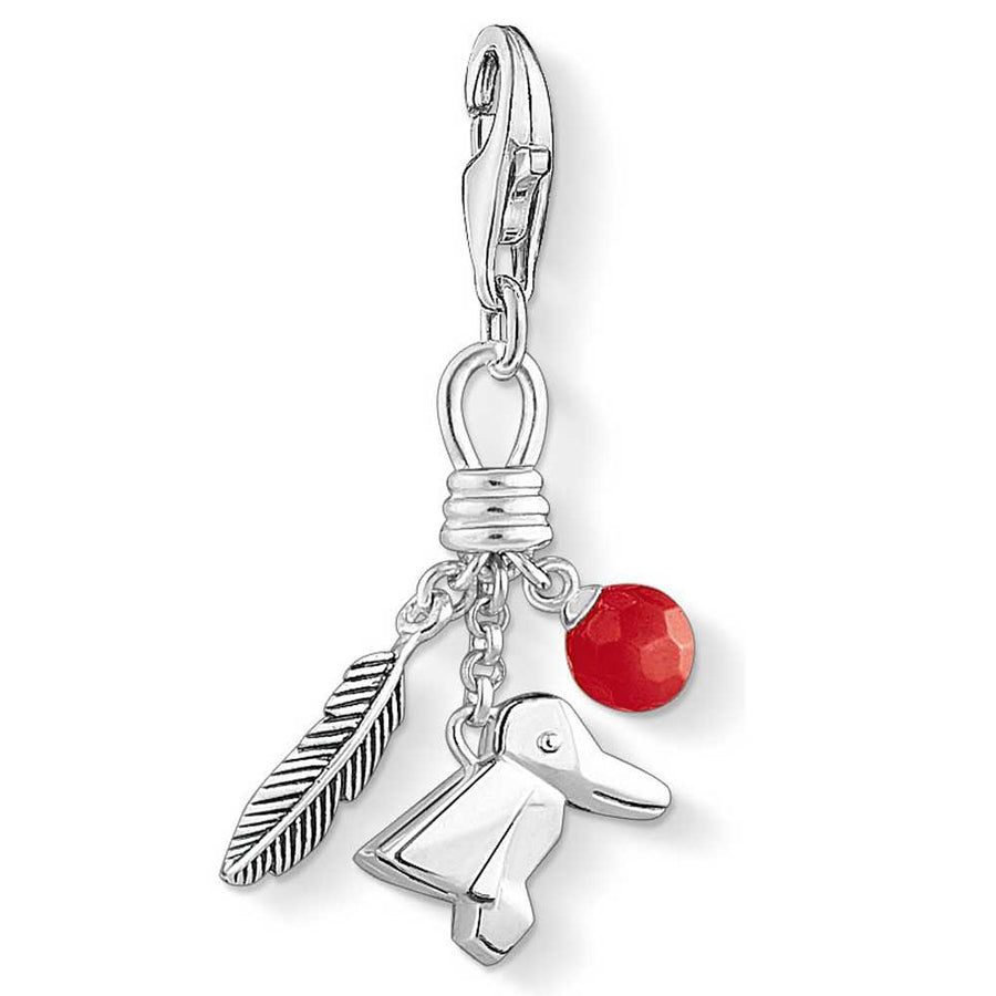Dije de pájaro, pluma y bayas (plata/rojo)