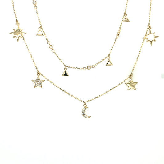 14K Ultra Fancy Necklace Moon and Stars with Zirconia | Luby Gold Collection | Luby 