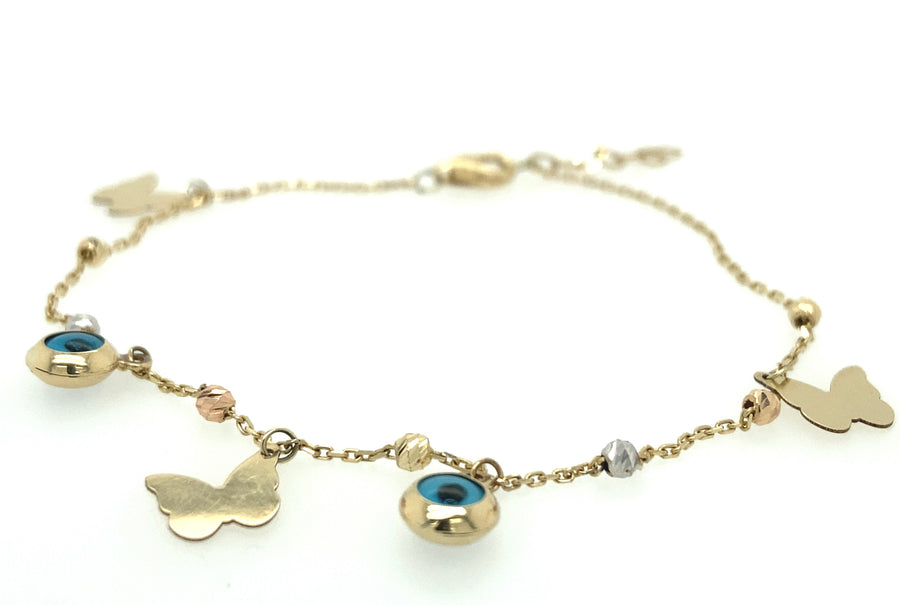 Pulsera de oro de 14 quilates con mariposa y ojo turco