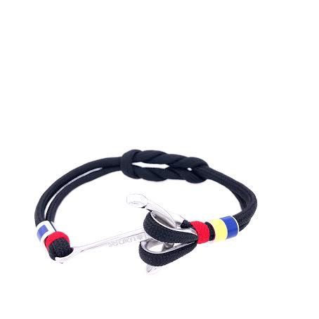 Pulsera de dijes de doble cordón negro con ancla plateada y banderas náuticas (negro/plata)