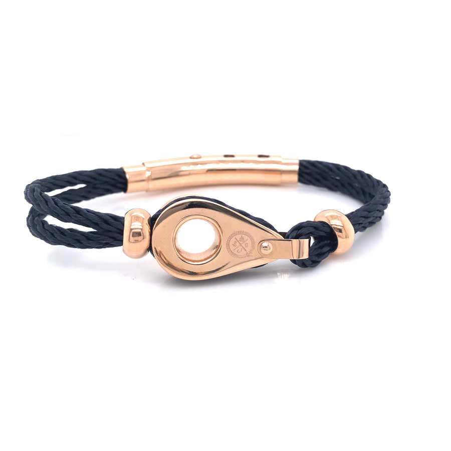 Pulsera de cuerda doble negra con polea de oro rosa y cuentas (negro/oro rosa)