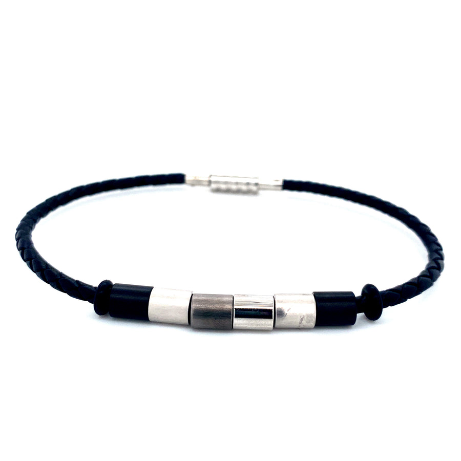 Black Braided Leather Bracelet with 6 Steel Links