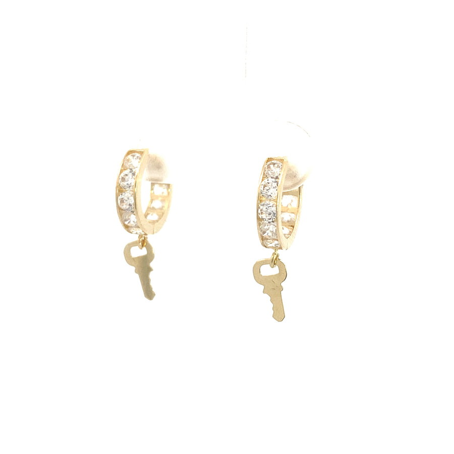 14K Gold Hoops CZ with Dangle Key