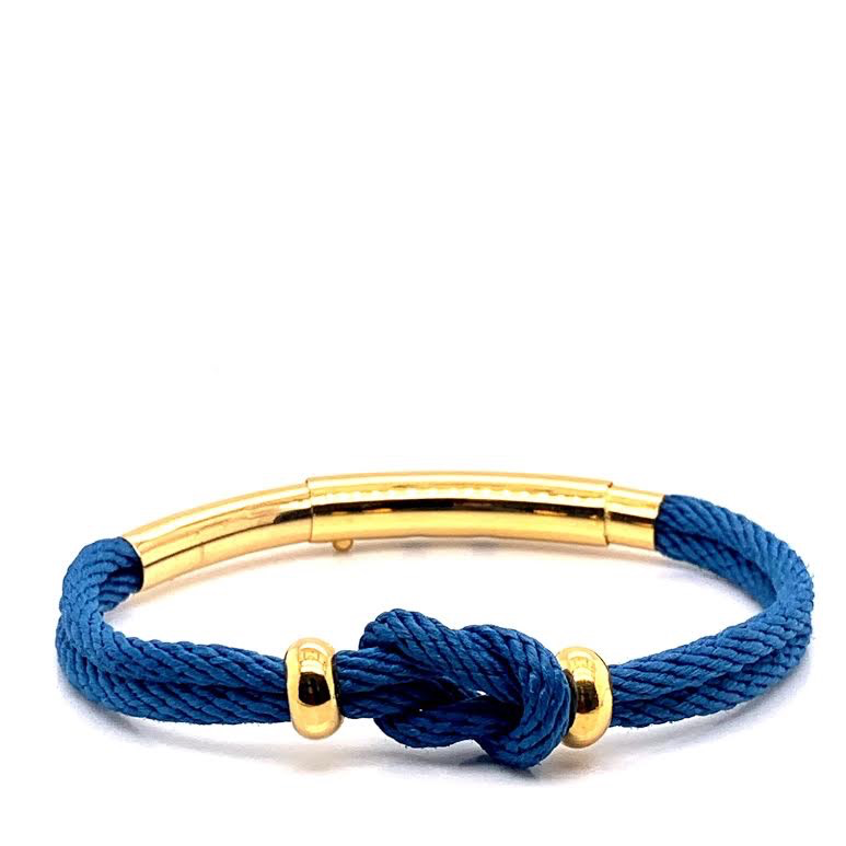 Pulsera de Cuerda Doble Azul Bebé con Polea Dorada y Cuentas (Azul/Oro)