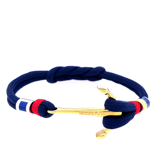 Double cord w anchor flags silver , gold anchor navy cord stainless steel. | Seaknots | Luby 