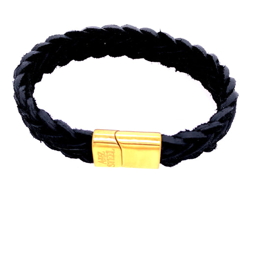 Black Leather Gold Steel Clasp Bracelet | ARZ Steel | Luby 