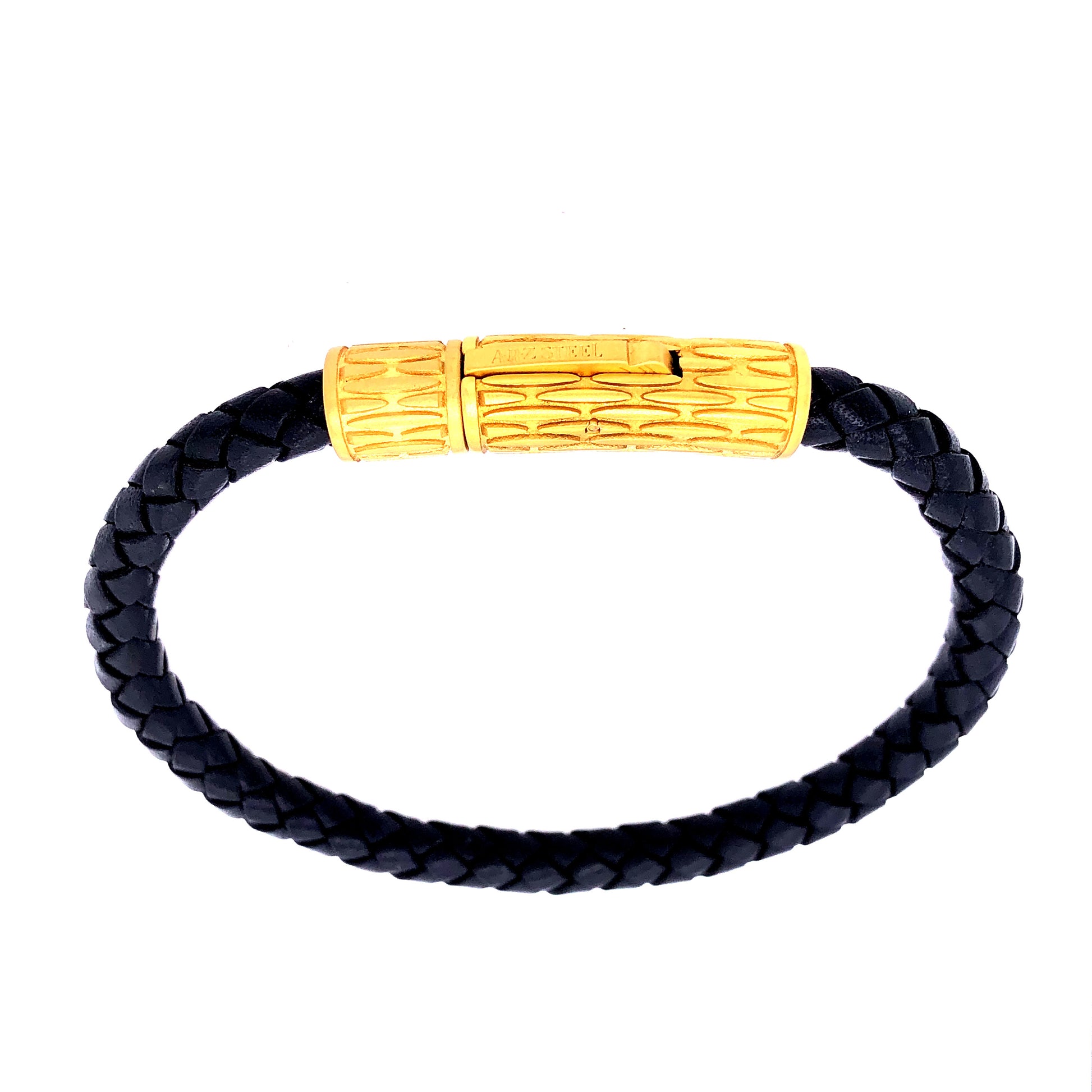 6mm Black Leather and Gold Steel Clasp Bracelet | ARZ Steel | Luby 