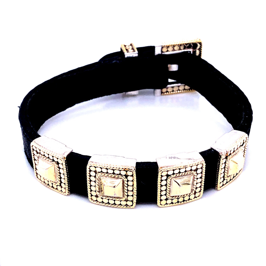Black Leather Bracelet (Gold)