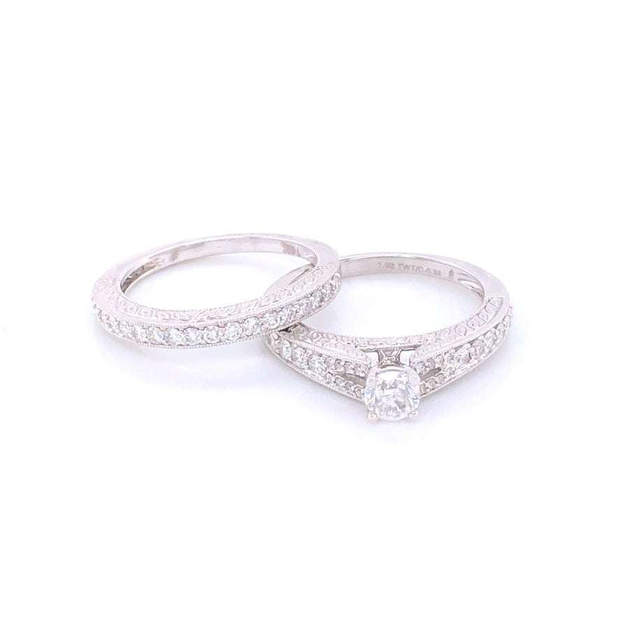 14k Diamond Textured Cathedral White Gold Engagement Set