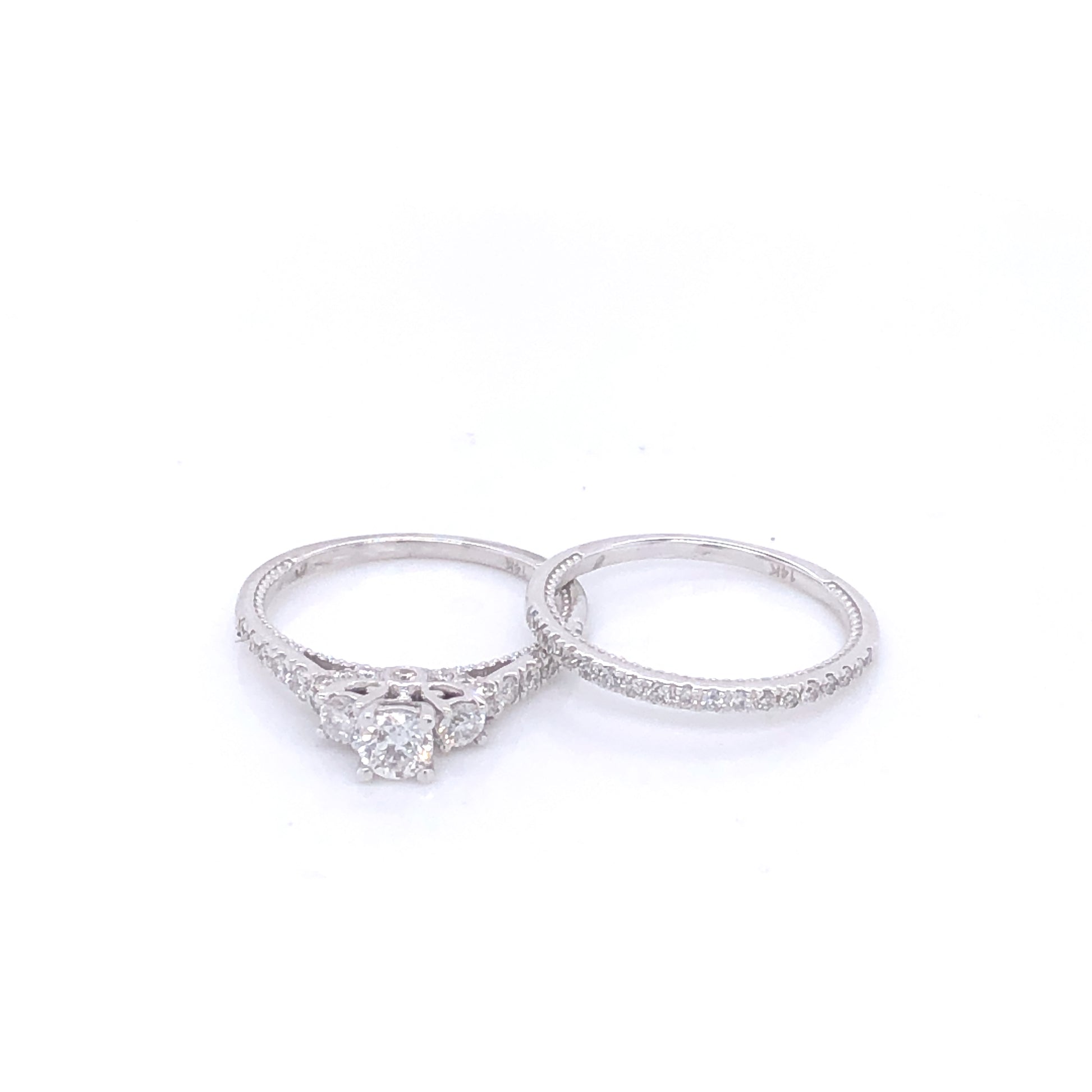 14k Three Diamond High Prong Set with Band Engagement Set | Luby Diamond Collection | Luby 