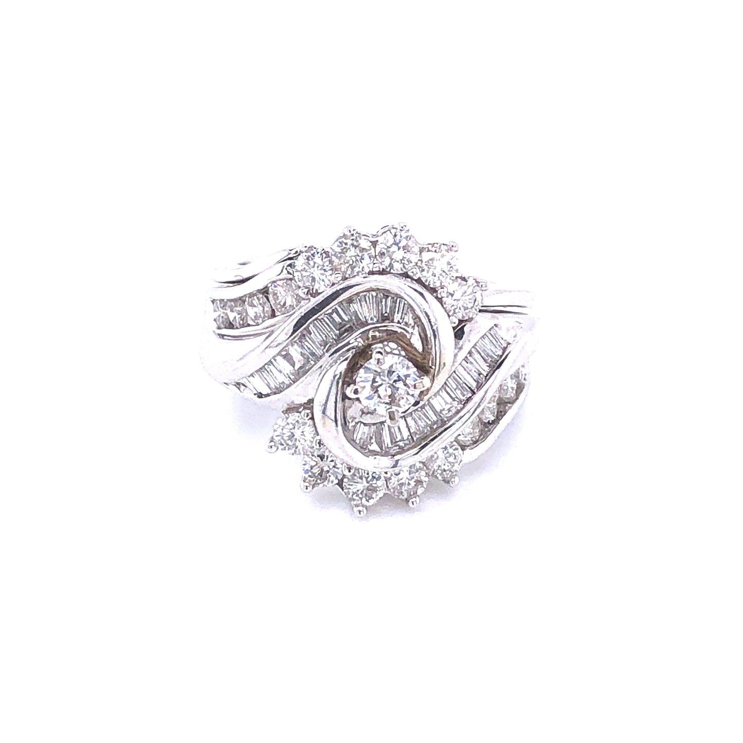 Wide Twist Round & Baguette Cut Diamonds White Gold Engagement Ring | Luby Diamond Collection | Luby 