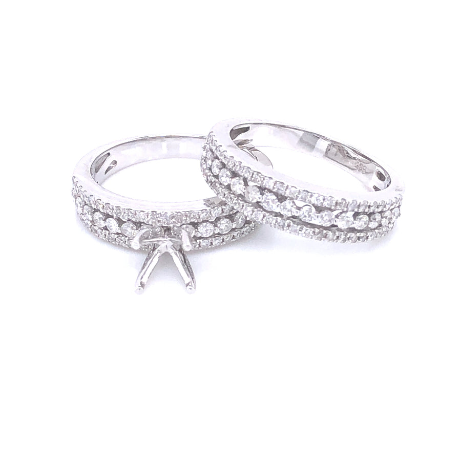 14k Diamond Prong Wide Band Diamonds White Gold Engagement Set