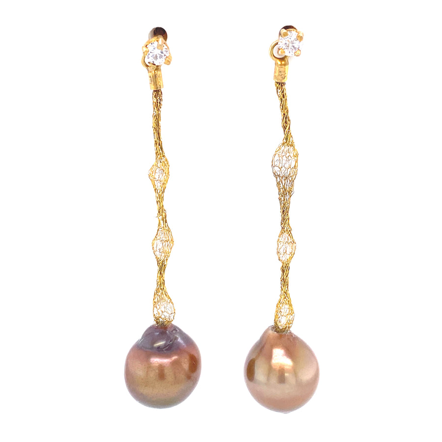 Brown Pearls & Cubic Zirconia Golden Mesh Earrings
