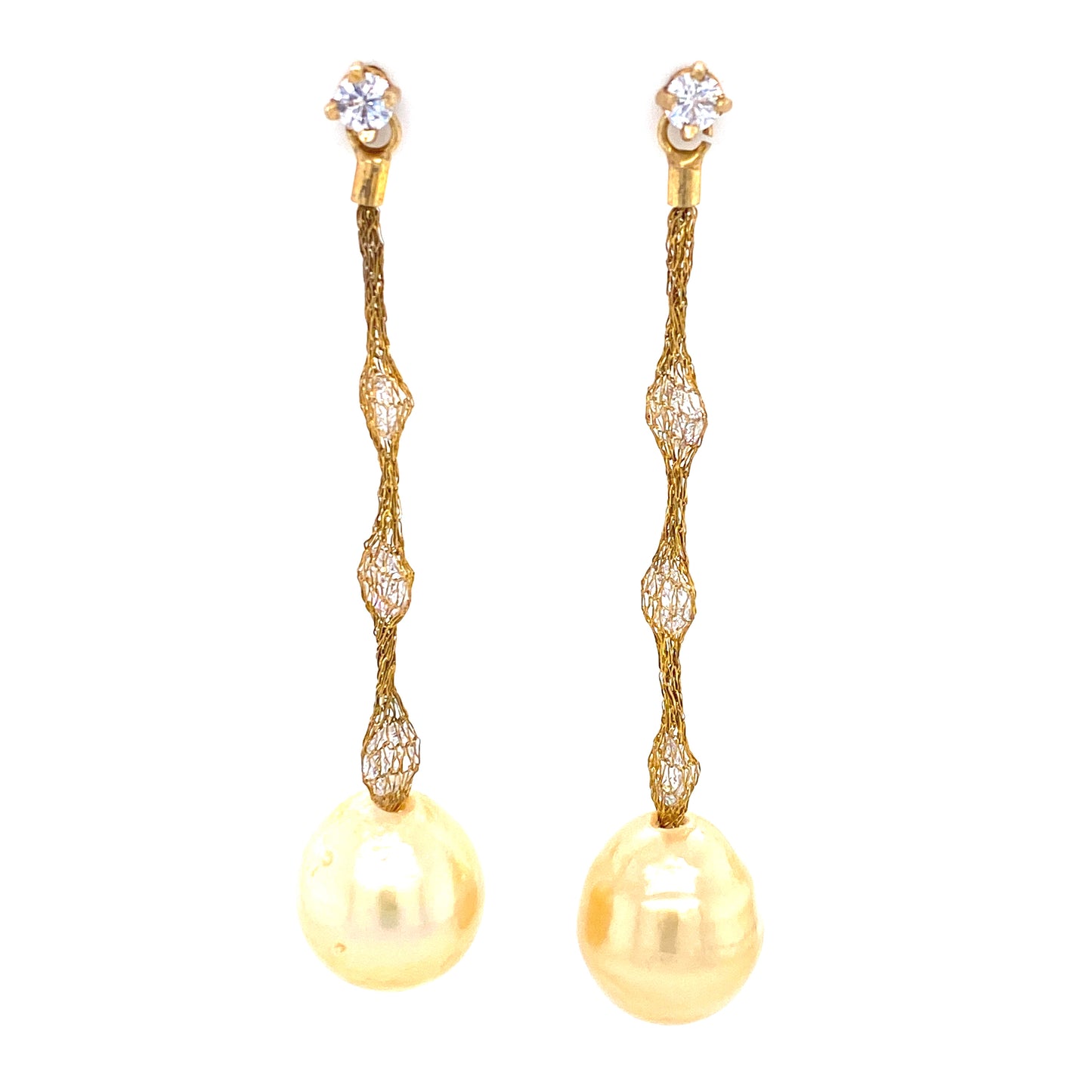Yellow Pearls & Cubic Zirconia Golden Mesh Earrings | Antipodes Pearl | Luby 
