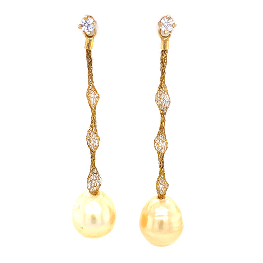 Yellow Pearls & Cubic Zirconia Golden Mesh Earrings | Antipodes Pearl | Luby 