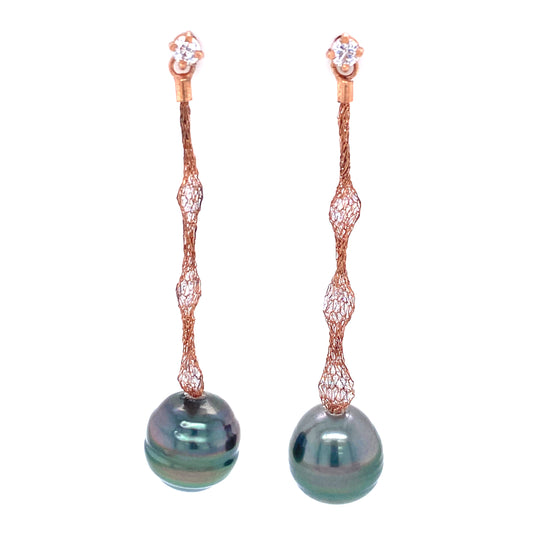 Iridescent Blue Pearls & Cubic Zirconia Rose Gold Mesh Earrings | Antipodes Pearl | Luby 