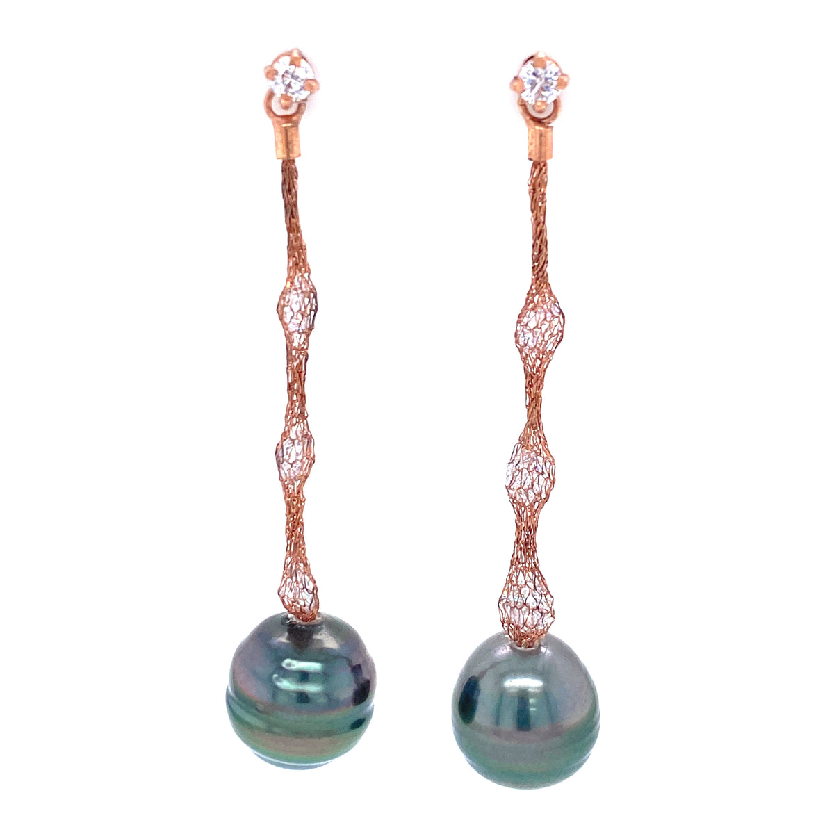 Iridescent Blue Pearls & Cubic Zirconia Rose Gold Mesh Earrings | Antipodes Pearl | Luby 