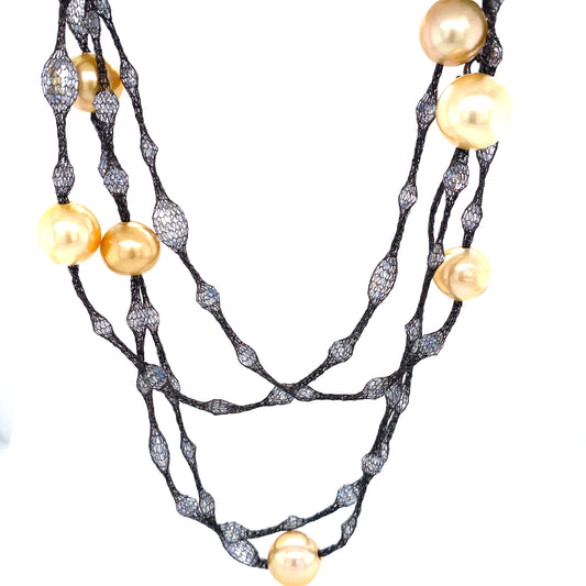 Yellow Pearls & Cubic Zirconia Grey Mesh Long Necklace | Antipodes Pearl | Luby 