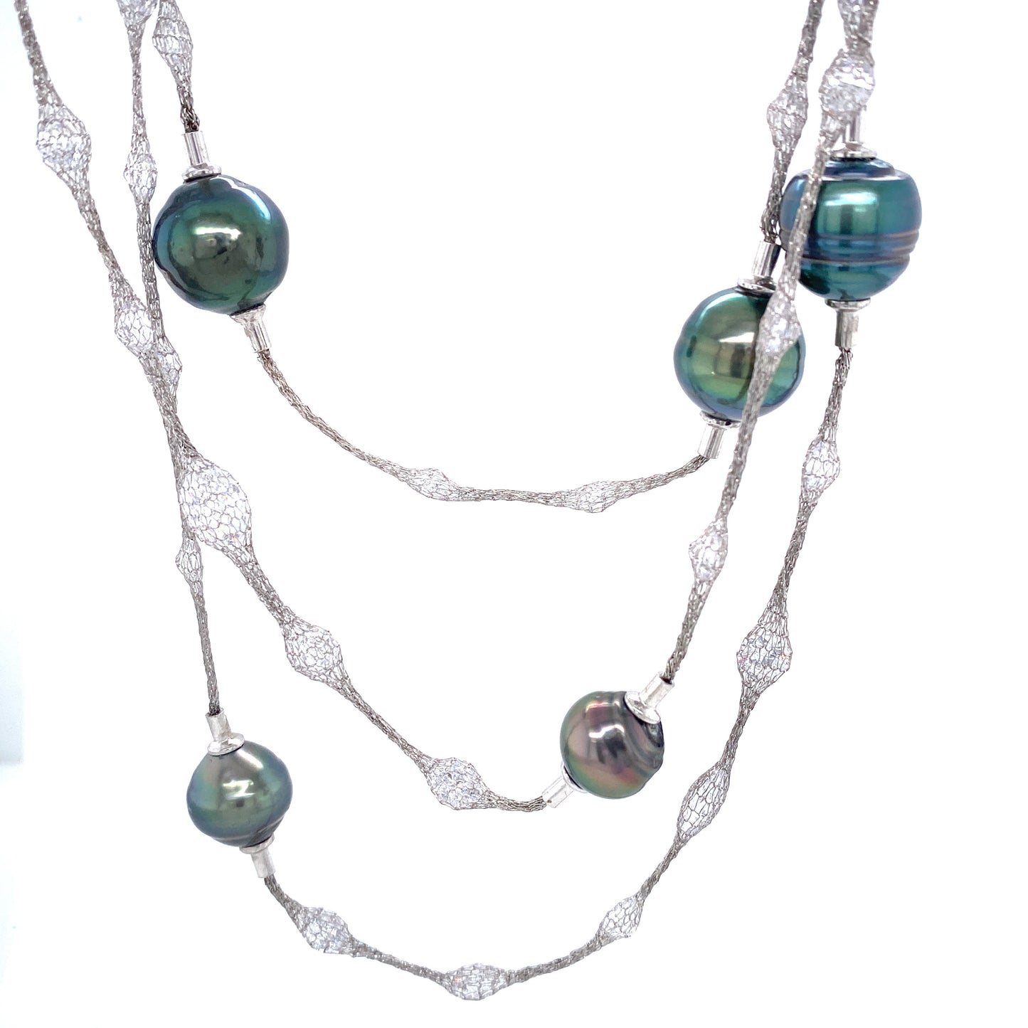 Iridescent Blue Pearls & Cubic Zirconia Silver Mesh Long Necklace | Antipodes Pearl | Luby 