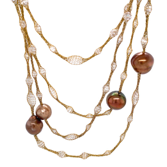 Brown Pearls & Cubic Zirconia Rose Gold Mesh Long Necklace | Antipodes Pearl | Luby 