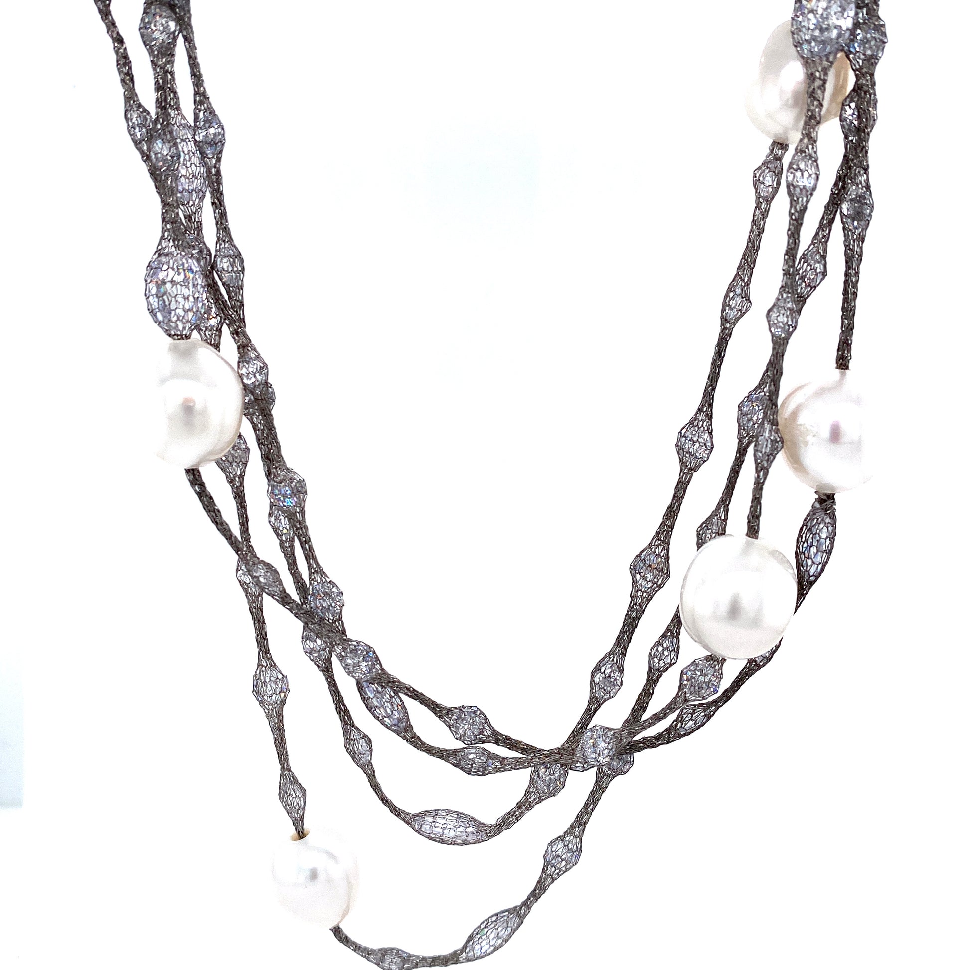 White Pearls & Cubic Zirconia Silver Mesh Long Necklace | Antipodes Pearl | Luby 