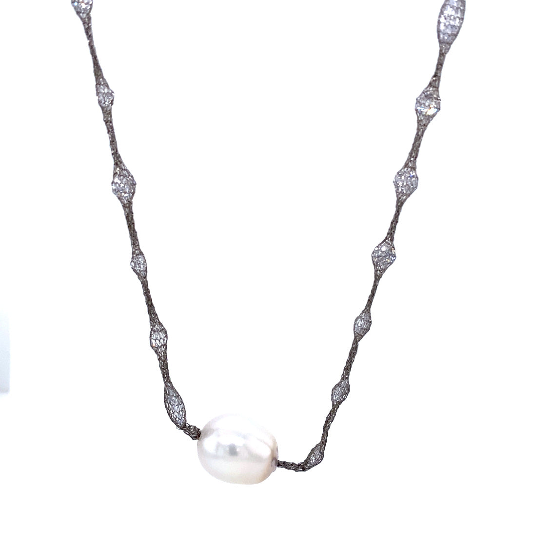 White Pearls & Cubic Zirconia Silver Mesh Long Necklace | Antipodes Pearl | Luby 