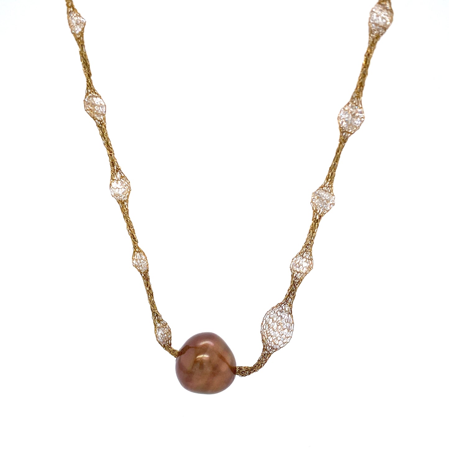 Brown Pearls & Cubic Zirconia Rose Gold Mesh Long Necklace | Antipodes Pearl | Luby 