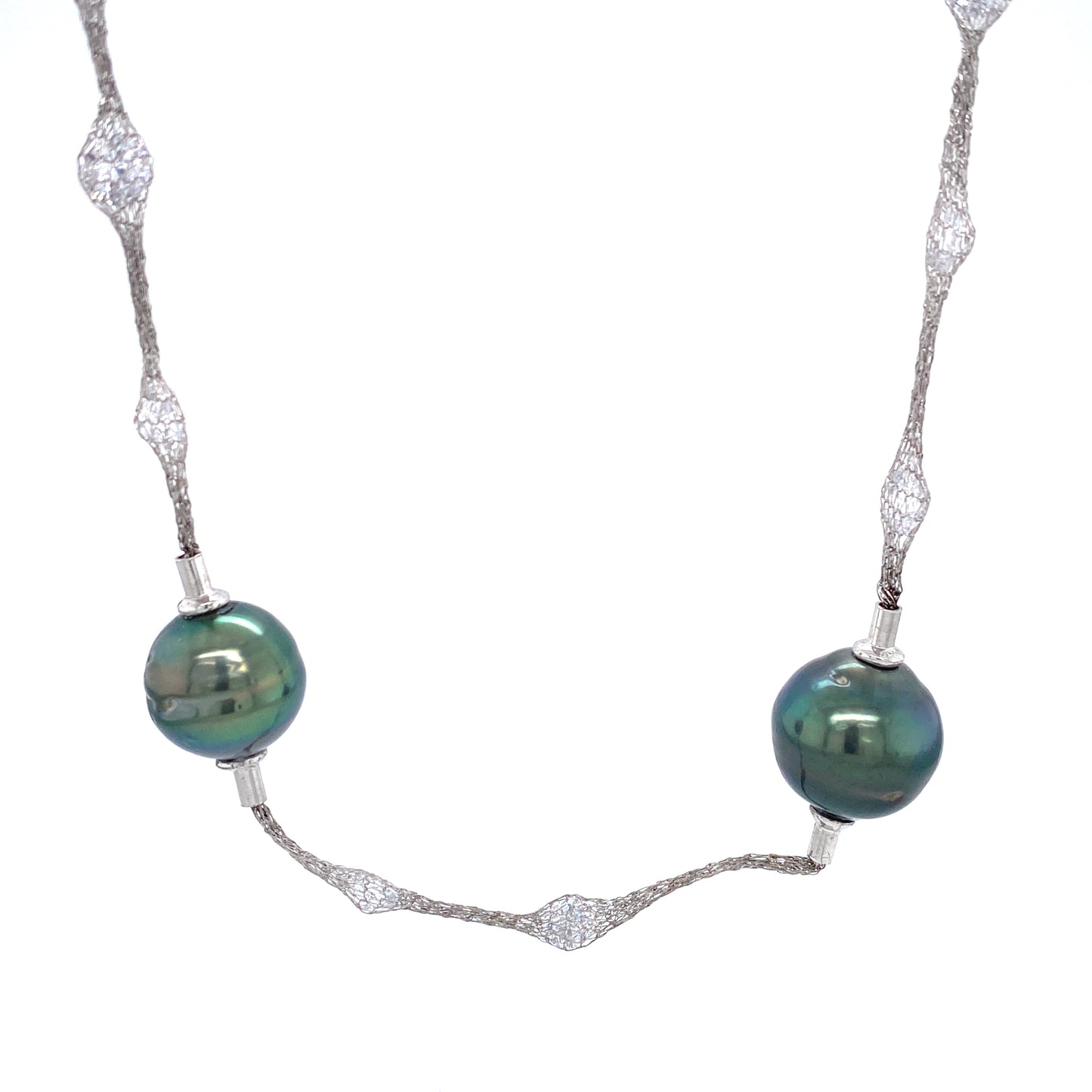 Iridescent Blue Pearls & Cubic Zirconia Silver Mesh Long Necklace | Antipodes Pearl | Luby 