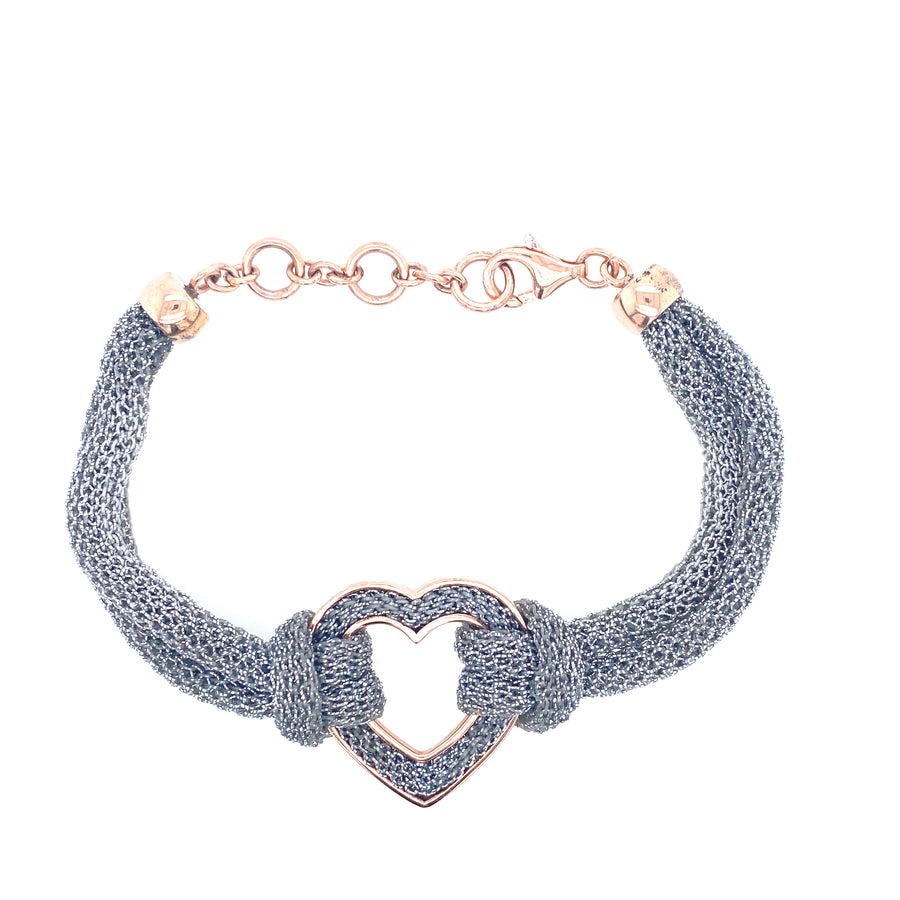 Pulsera Corazón de Malla Plateada con Detalles en Oro Rosa