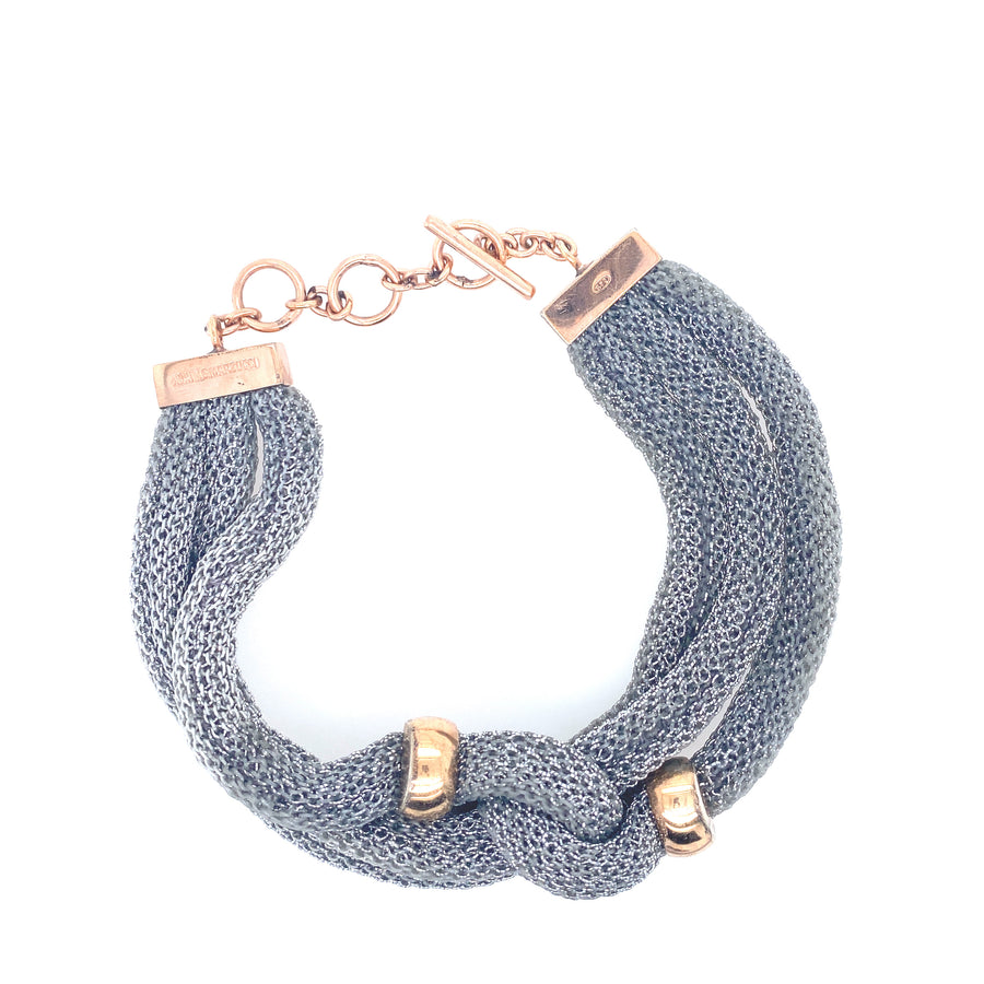 Pulsera de Malla Plateada con Detalles en Oro Rosa