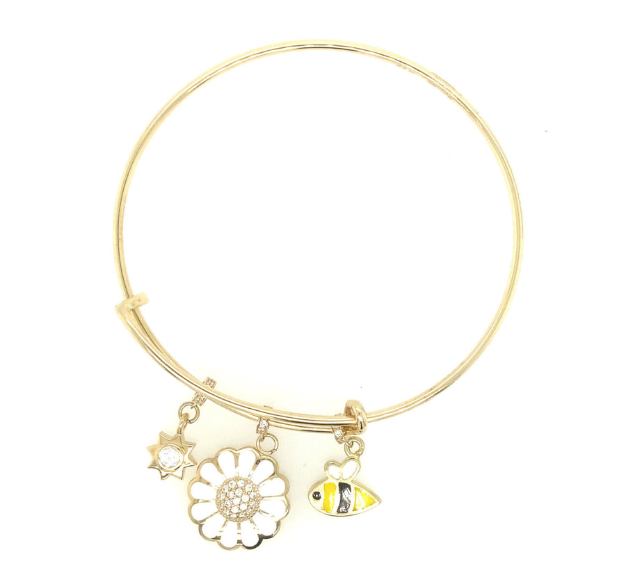 Brazalete de oro de 14 k con abeja, flor y estrella colgantes
