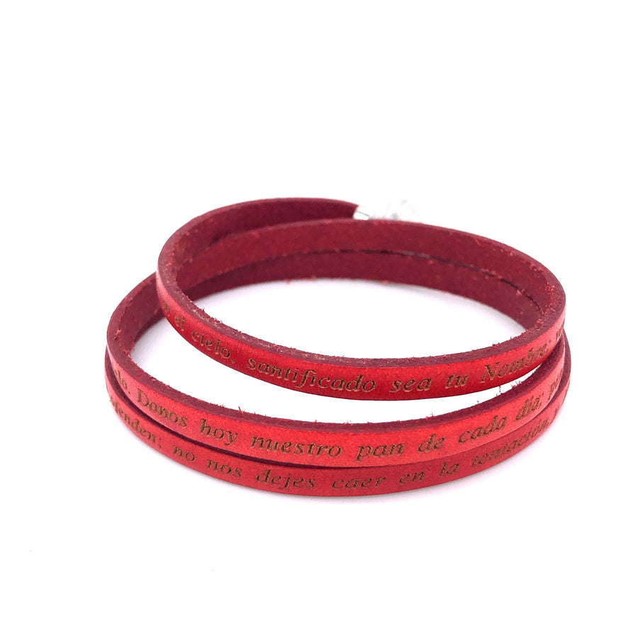 Lord's Prayer in Spanish Engraved Leather Bracelet (Red)