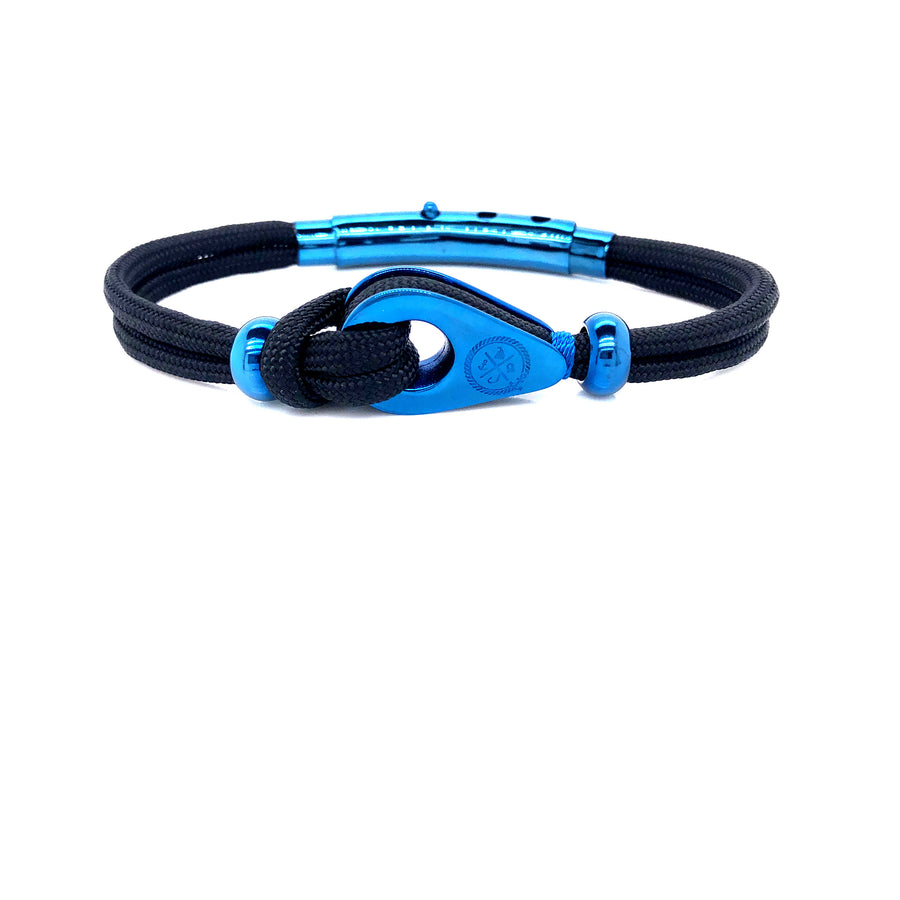 Pulsera Doble Cordón Negro con Polea Azul y Abalorios (Negro/Azul)