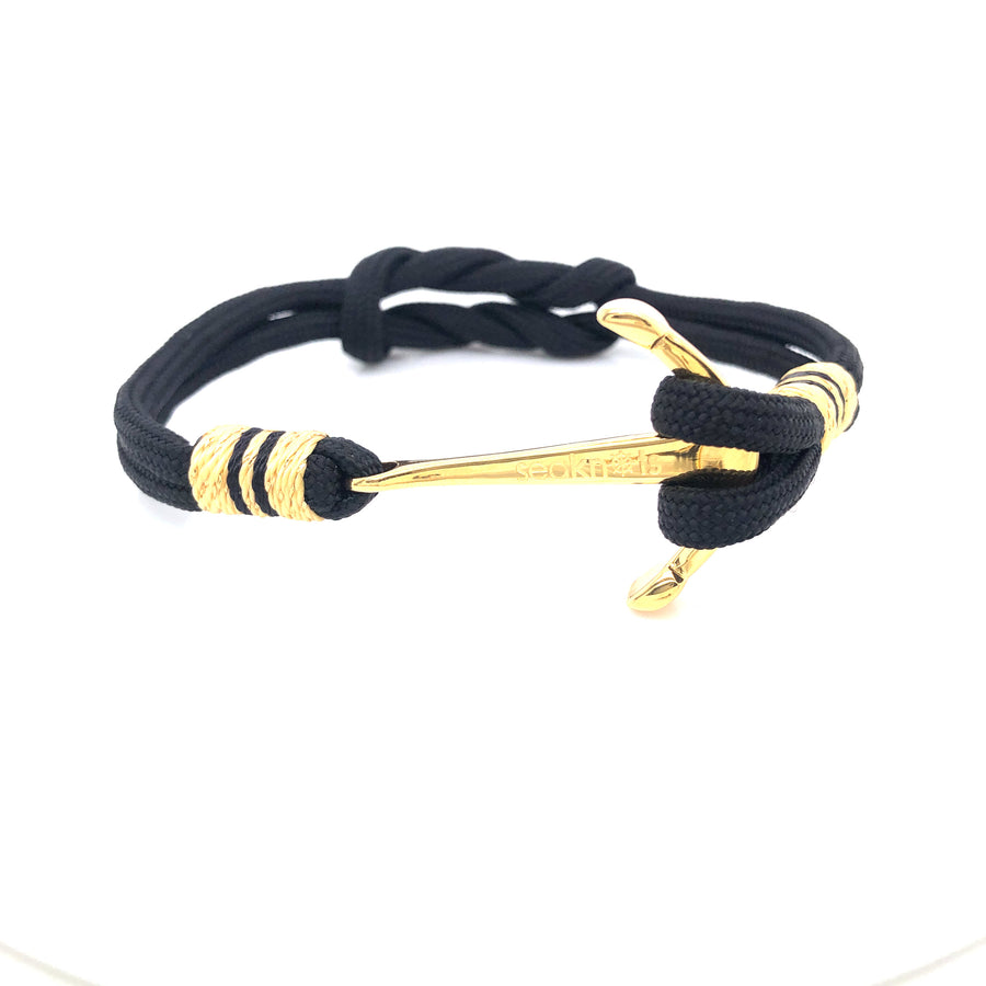 Pulsera Doble Cordón Negro con Ancla Dorada