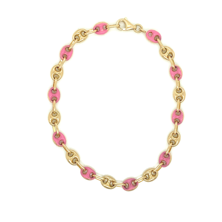 Pulsera rosa de eslabones de bebé ovalados de oro de 14 quilates