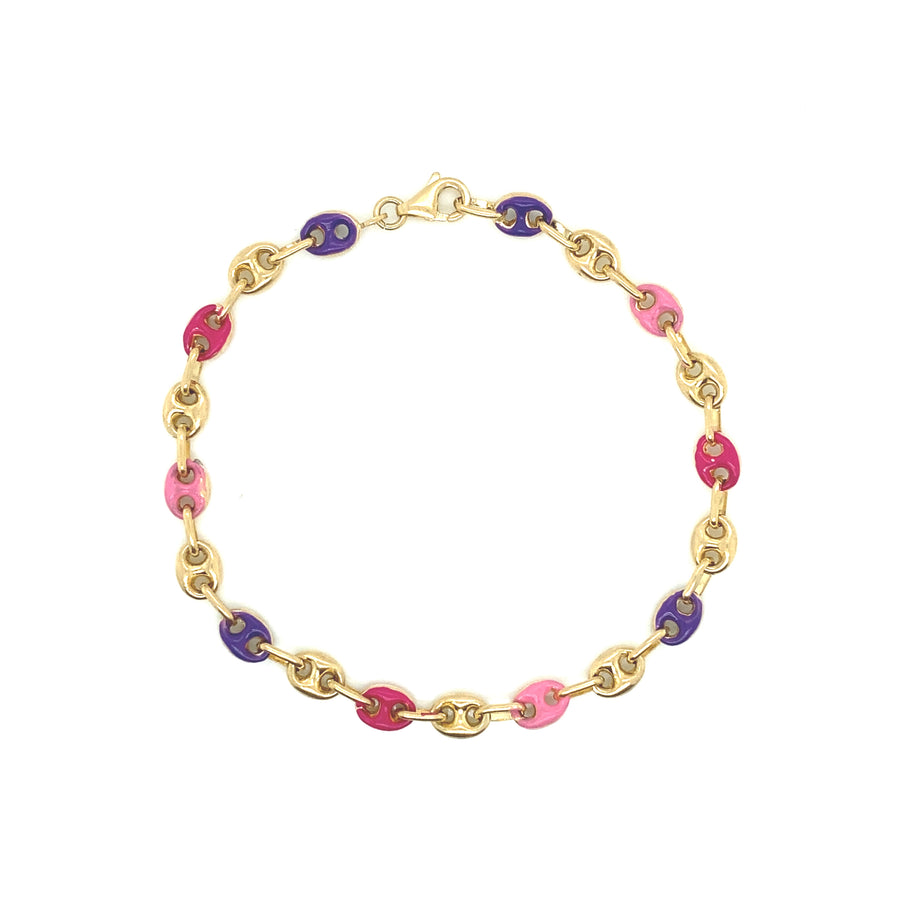 Pulsera de eslabones de hojaldre de varios colores de oro de 14 k