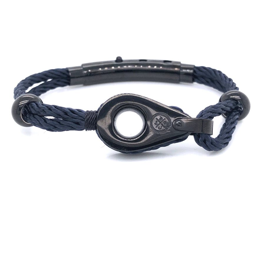 Pulsera de cuerda doble negra con polea negra y cuentas (negra)