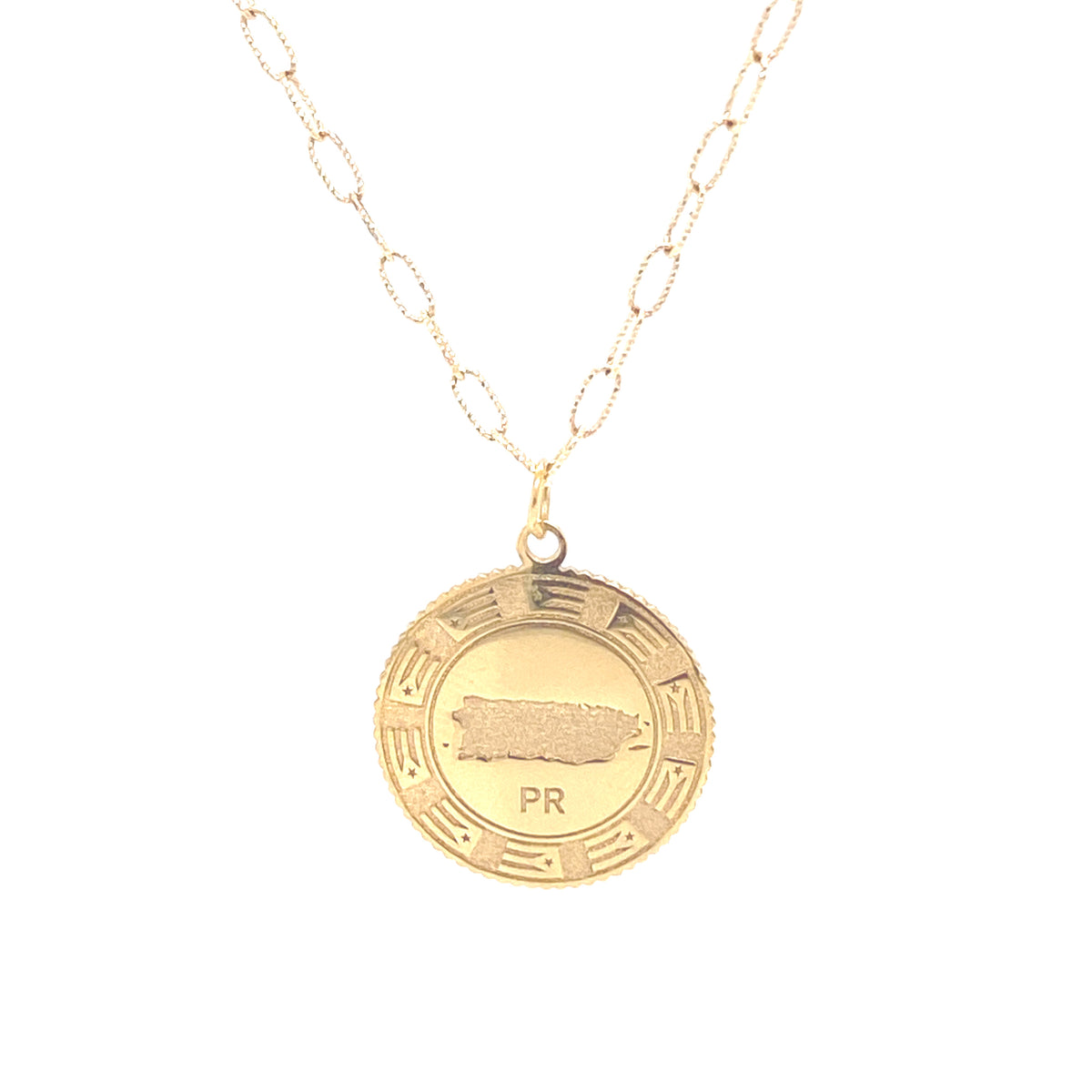 14K Gold Custom Engraving Circle Flag And Map P.R. | Luby Gold Collection | Luby 