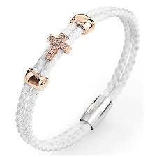 Cross Single Charm with Crystals Frayed Leather Bracelet (Rose-Gold/White)