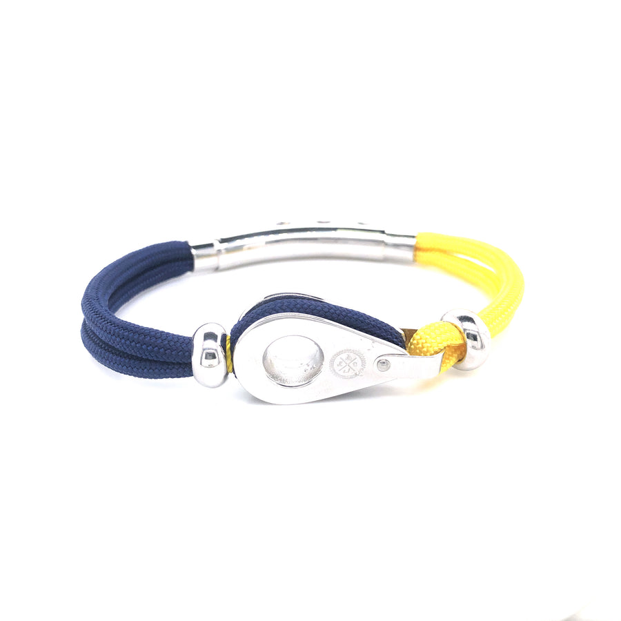 Pulsera de doble cordón azul y amarillo con polea plateada y cuentas (azul/amarillo)