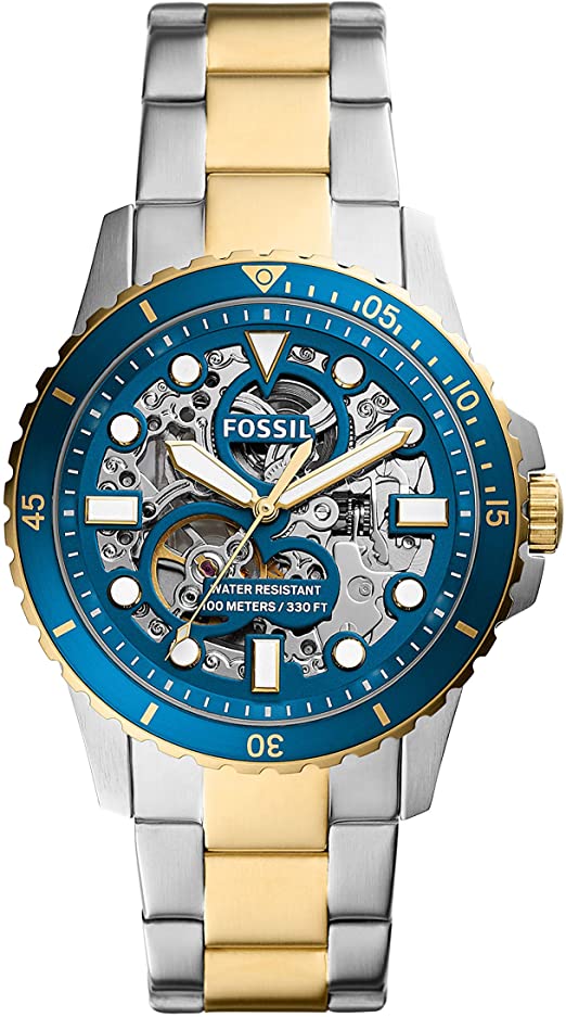 Automatic Two-Tone Stainless Steel Watch (Blue/Gold/Silver) | Fossil | Luby 