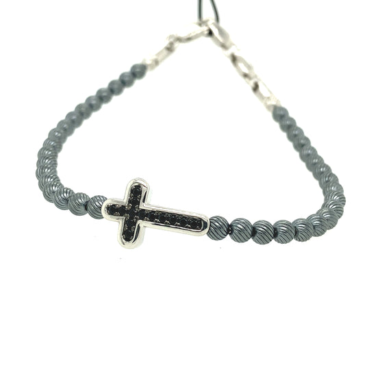 Grey Silver Beads with Black Spinels Cross Bracelet | Zancan | Luby 