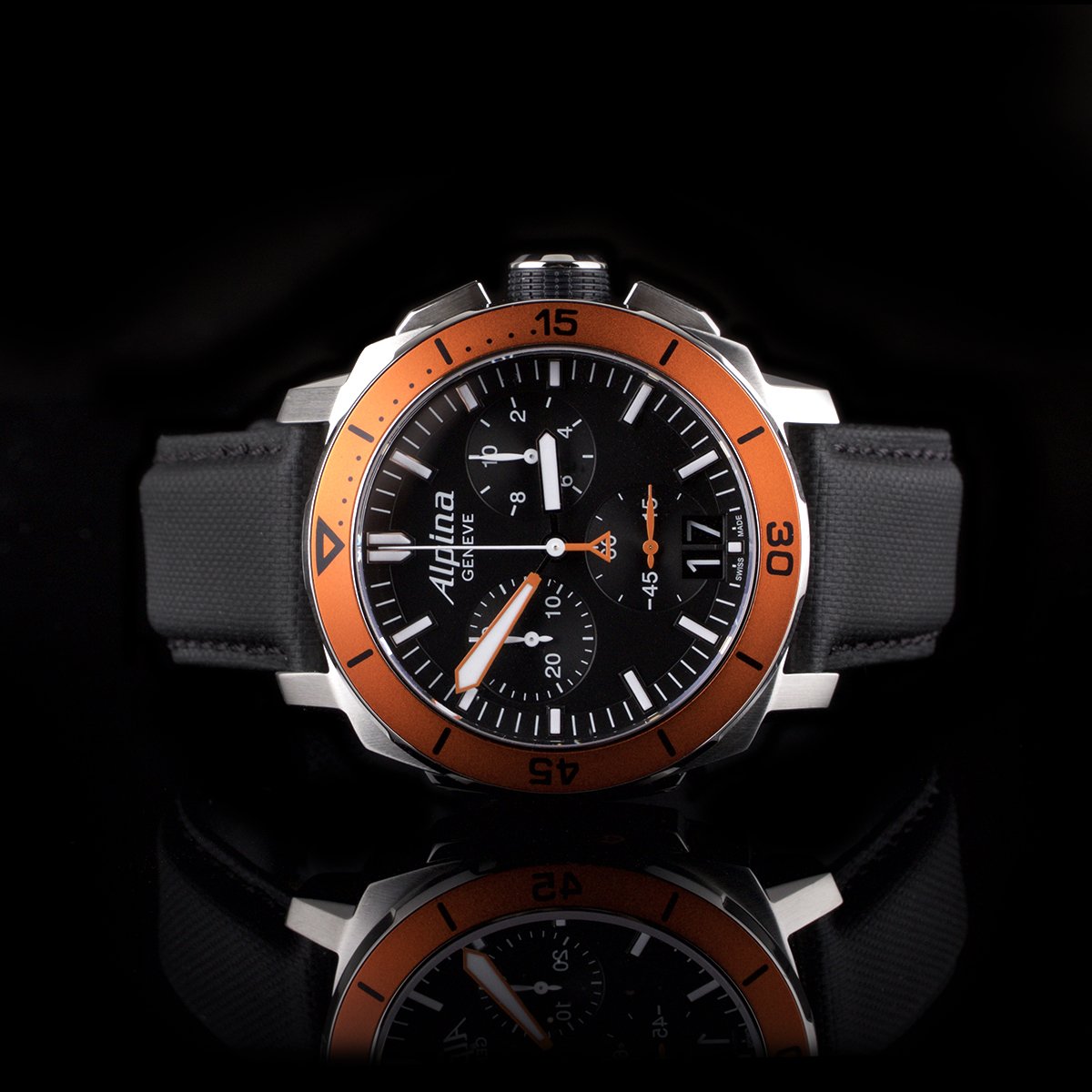 Seastrong Diver 300 Big Date Chronograph (Black-Orange) | Alpina | Luby 