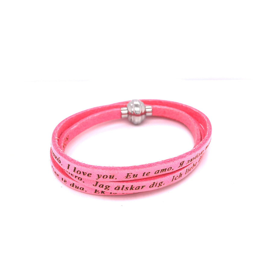 I Love You Engraved Leather Bracelet (Light Pink)