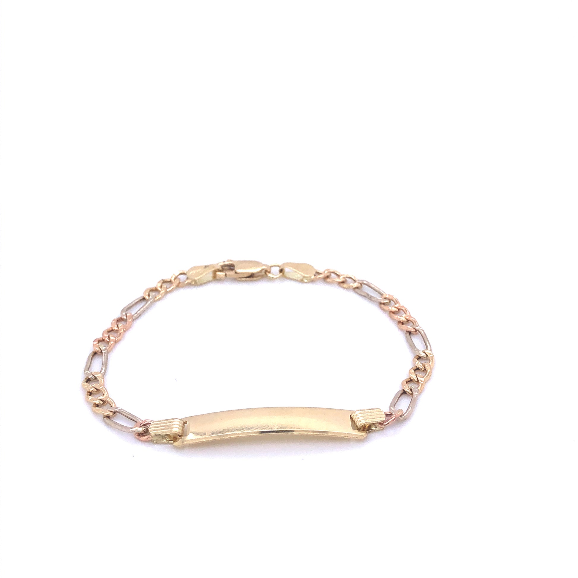 14K Figaro Link Long Plate for Engraving Tri-Color Gold Chain Bracelet | Luby Gold Collection | Luby 