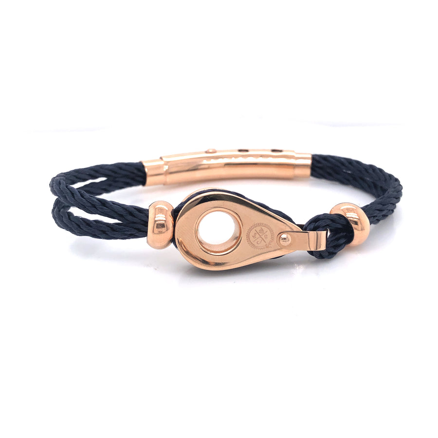 Pulsera de cuerda doble negra con polea de oro rosa y cuentas