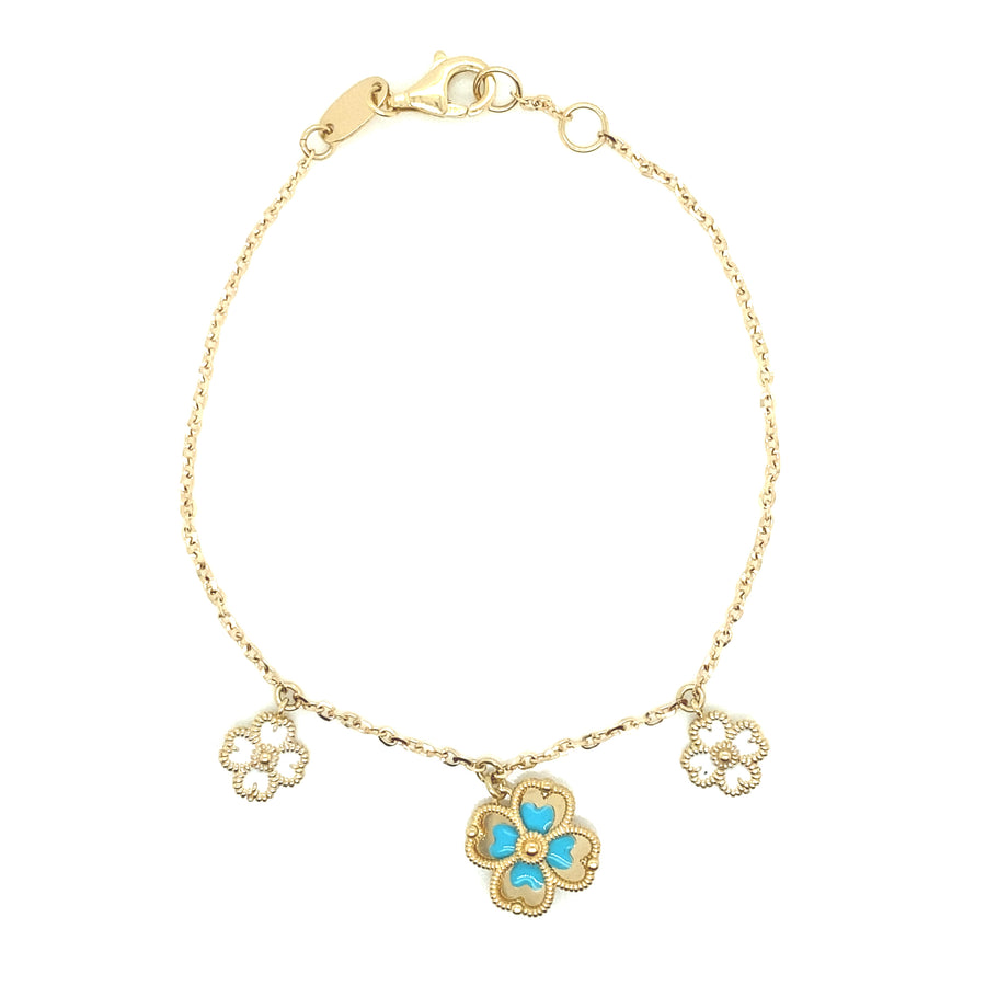 Brazalete Trebol Blanco y Azul de Oro 14K