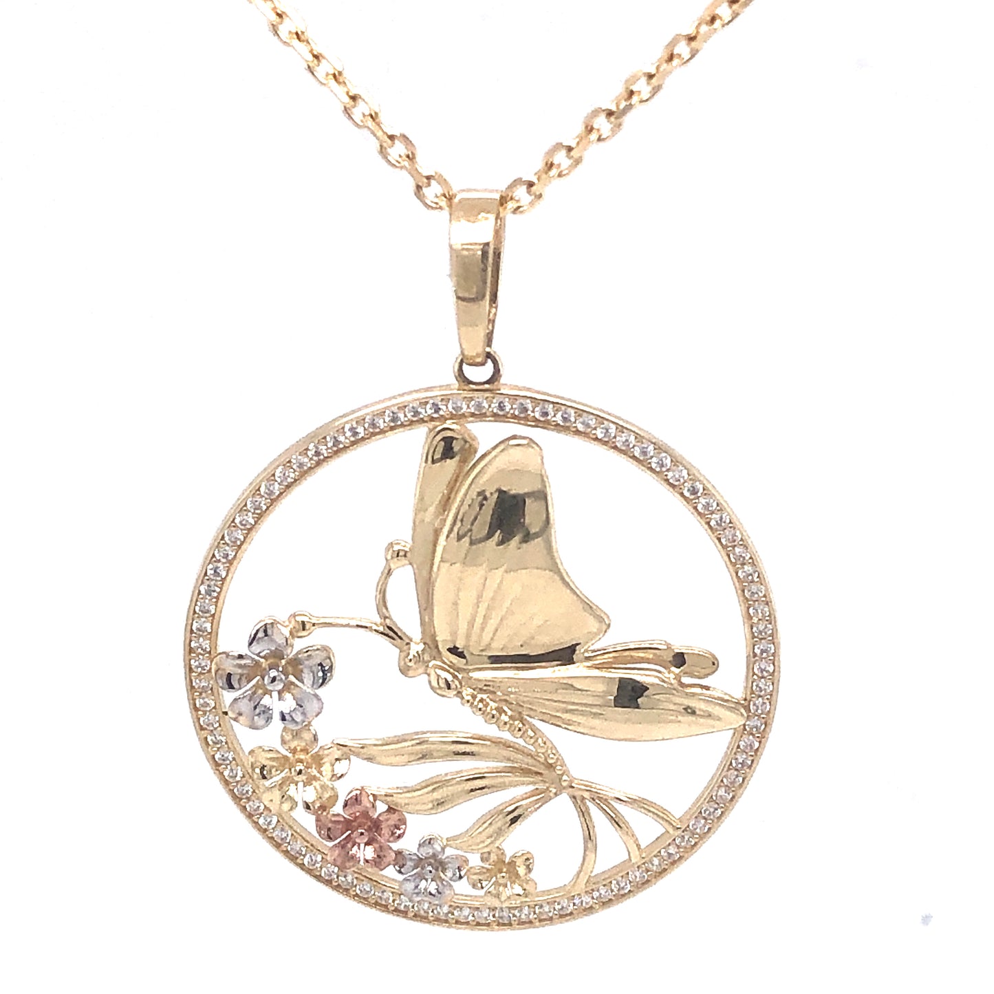 14K Tri-Color Butterfly Pendant With Flowers And Cz | Luby Gold Collection | Luby 