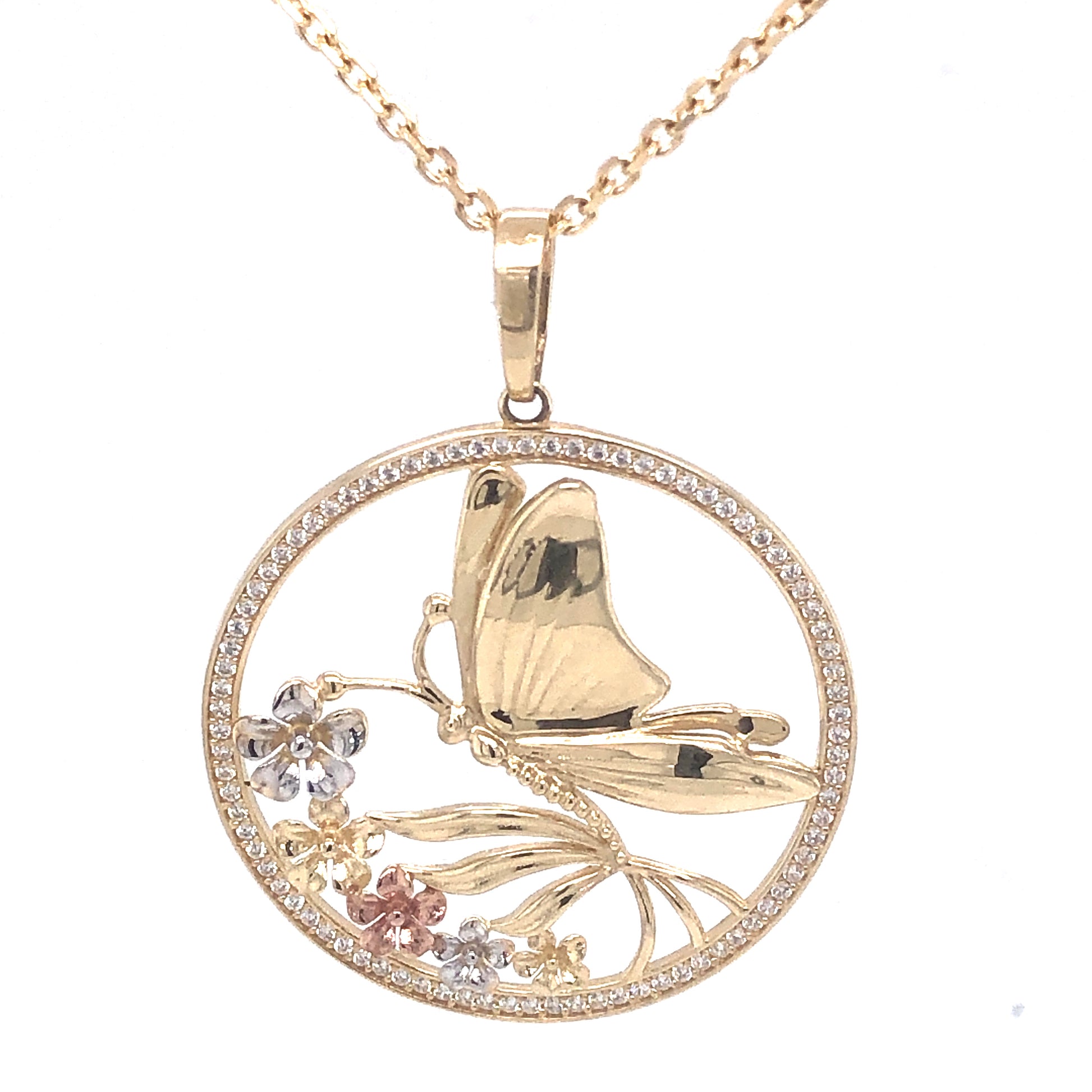 14K Tri-Color Butterfly Pendant With Flowers And Cz | Luby Gold Collection | Luby 